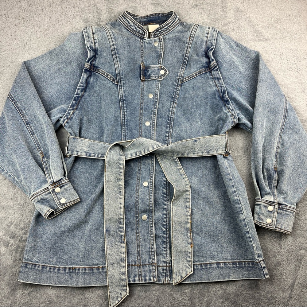 H&M Women’s Small Denim Button Up Jacket Small Tie Belt Y2K Style Trucker Coat